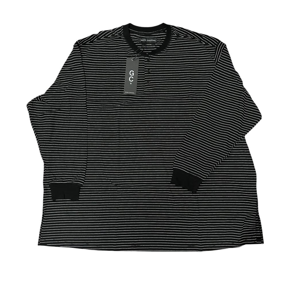 Good Counsel Men’s 4XL XXXXL Wanzer Long Sleeve Henley BKWH Black White Stripe